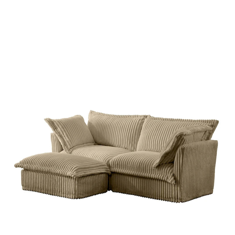 Canapé d'angle 2 places en velours côtelé avec pouf convertible et oreillers