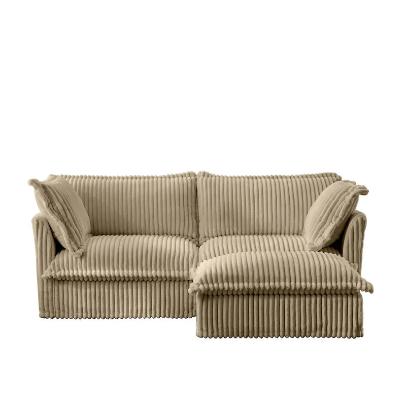Canapé d'angle 2 places en velours côtelé avec pouf convertible et oreillers