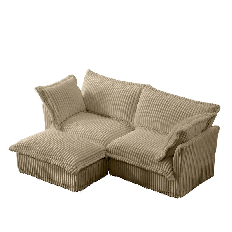 Canapé d'angle 2 places en velours côtelé avec pouf convertible et oreillers