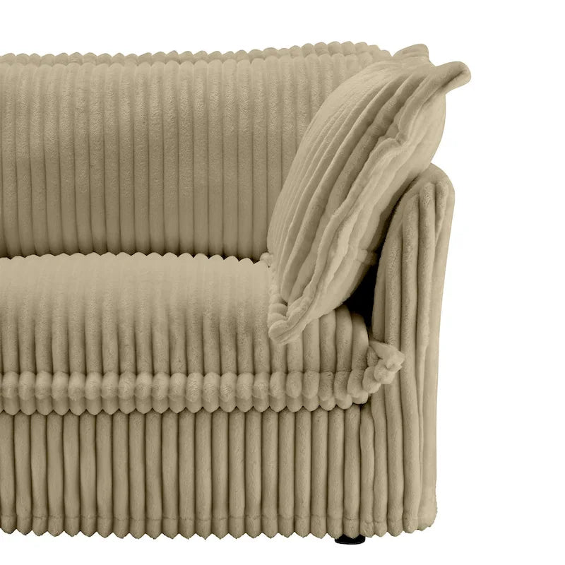 Canapé d'angle 2 places en velours côtelé avec pouf convertible et oreillers
