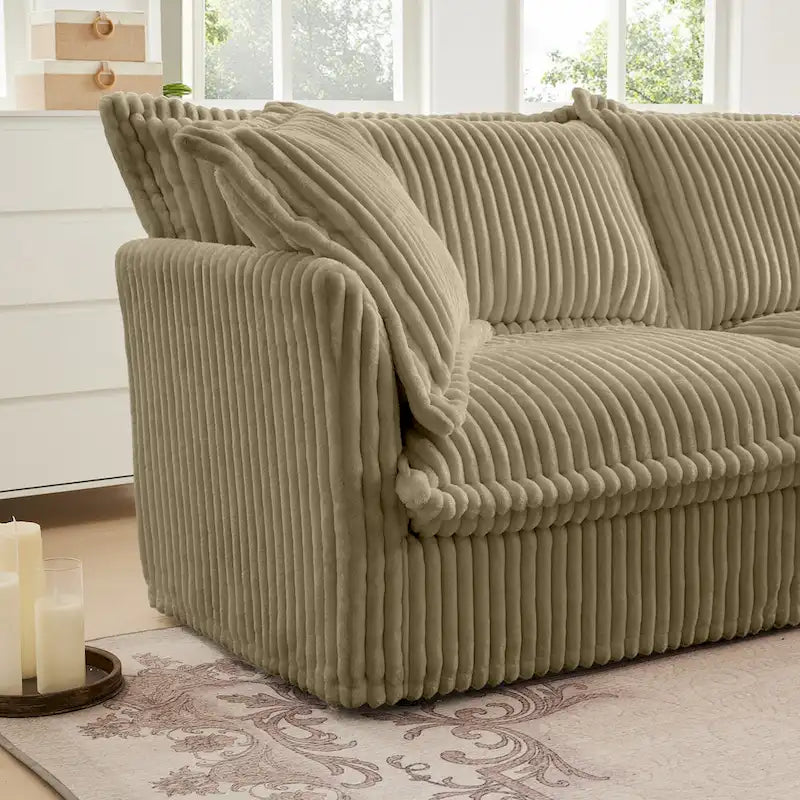 Canapé d'angle 2 places en velours côtelé avec pouf convertible et oreillers
