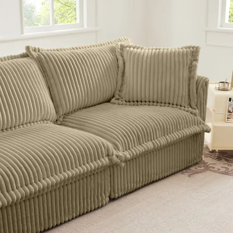 Canapé d'angle 2 places en velours côtelé avec pouf convertible et oreillers