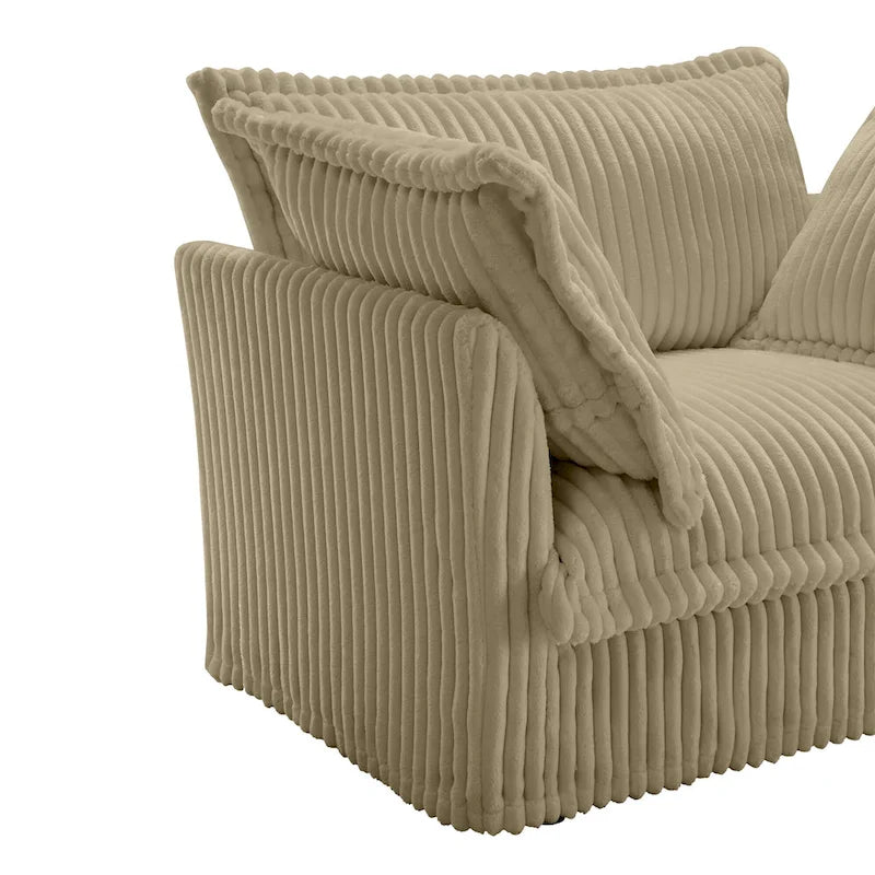 Canapé d'angle 2 places en velours côtelé avec pouf convertible et oreillers