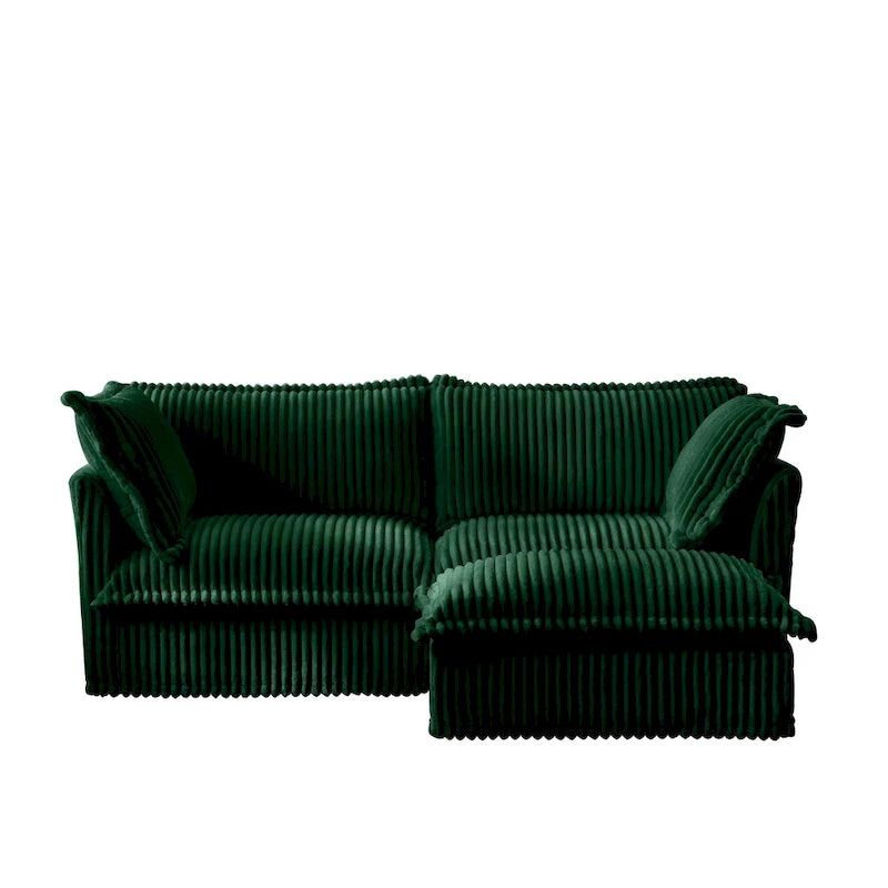 Canapé d'angle 2 places en velours côtelé avec pouf convertible et oreillers