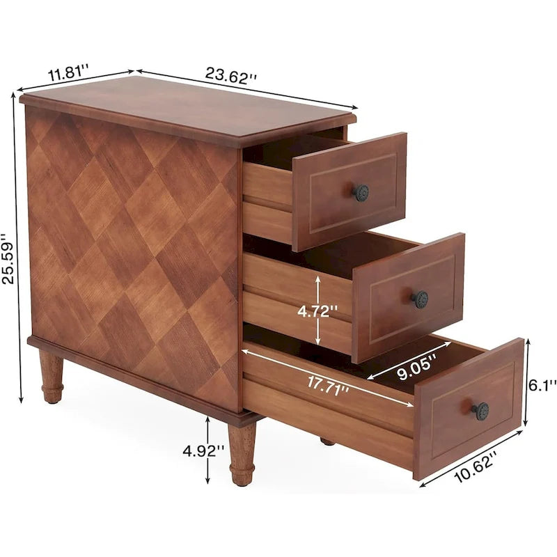 Tables de bout en bois massif à 3 tiroirs, table d'appoint étroite entièrement assemblée