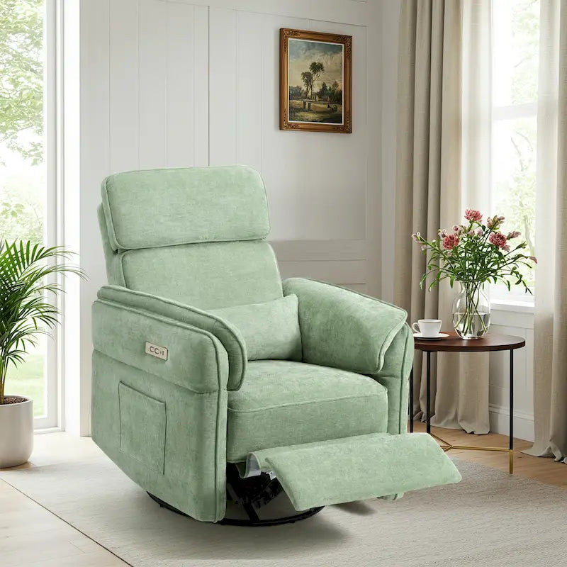Fauteuil inclinable, pivotant et berçant motorisé avec têtière et accoudoirs ajustables, ports de chargement USB et USB-C