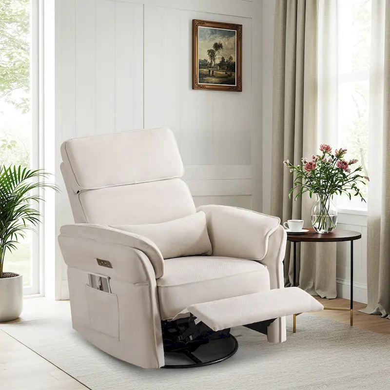 Fauteuil inclinable, pivotant et berçant motorisé avec têtière et accoudoirs ajustables, ports de chargement USB et USB-C