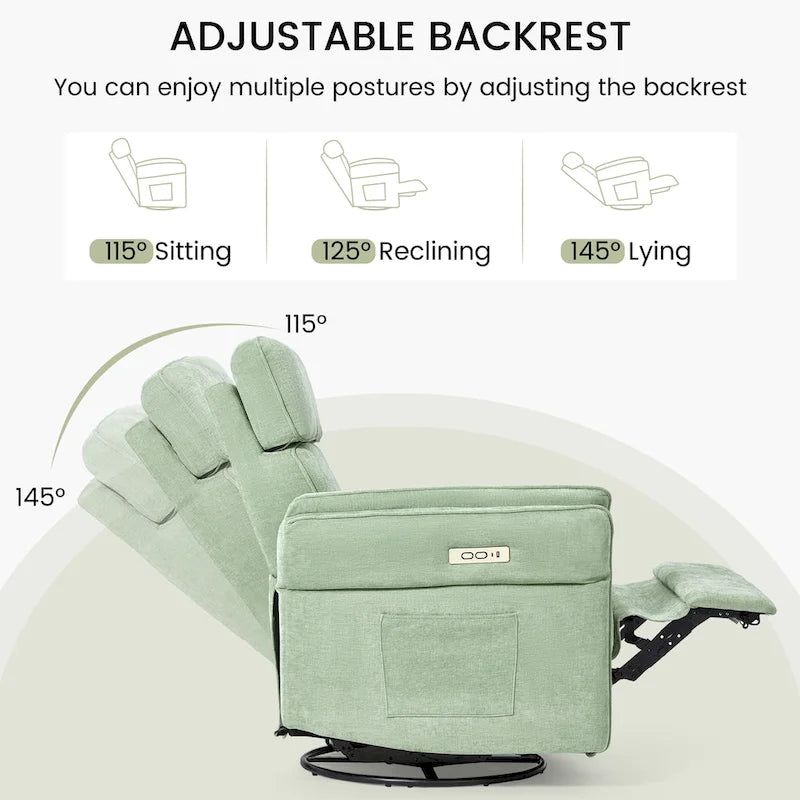 Fauteuil inclinable, pivotant et berçant motorisé avec têtière et accoudoirs ajustables, ports de chargement USB et USB-C
