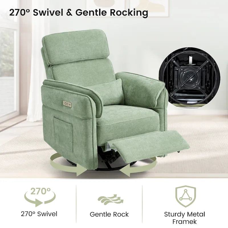 Fauteuil inclinable, pivotant et berçant motorisé avec têtière et accoudoirs ajustables, ports de chargement USB et USB-C