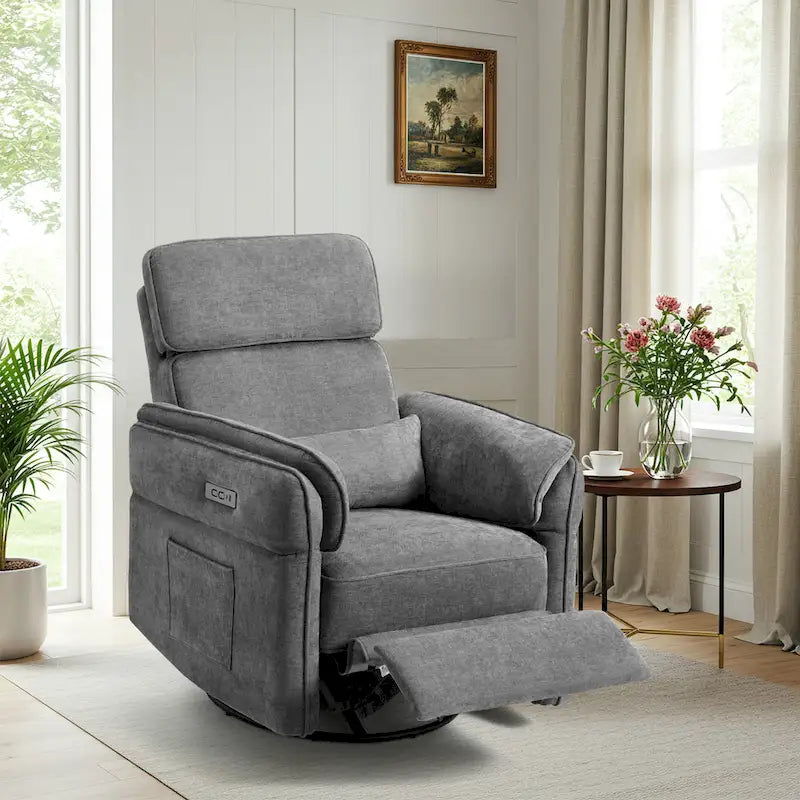 Fauteuil inclinable, pivotant et berçant motorisé avec têtière et accoudoirs ajustables, ports de chargement USB et USB-C