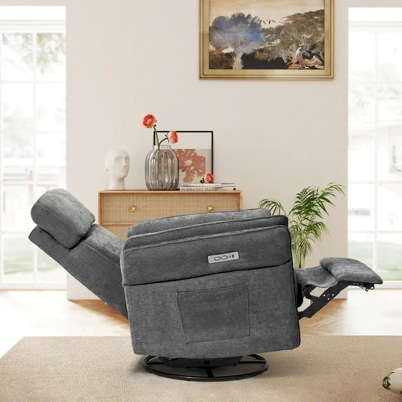 Fauteuil inclinable, pivotant et berçant motorisé avec têtière et accoudoirs ajustables, ports de chargement USB et USB-C