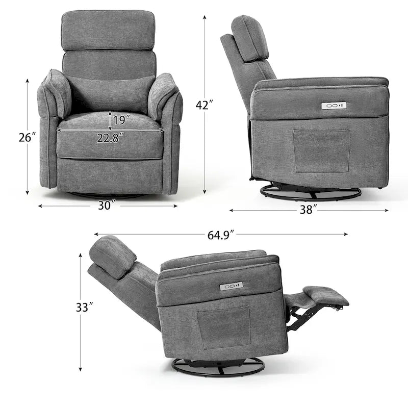 Fauteuil inclinable, pivotant et berçant motorisé avec têtière et accoudoirs ajustables, ports de chargement USB et USB-C