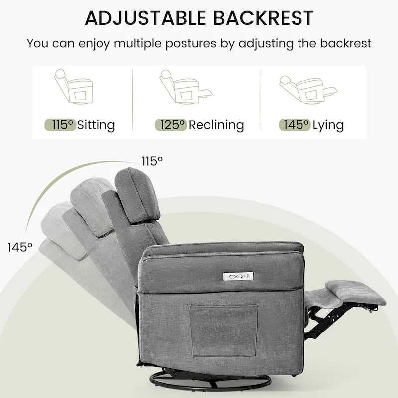 Fauteuil inclinable, pivotant et berçant motorisé avec têtière et accoudoirs ajustables, ports de chargement USB et USB-C