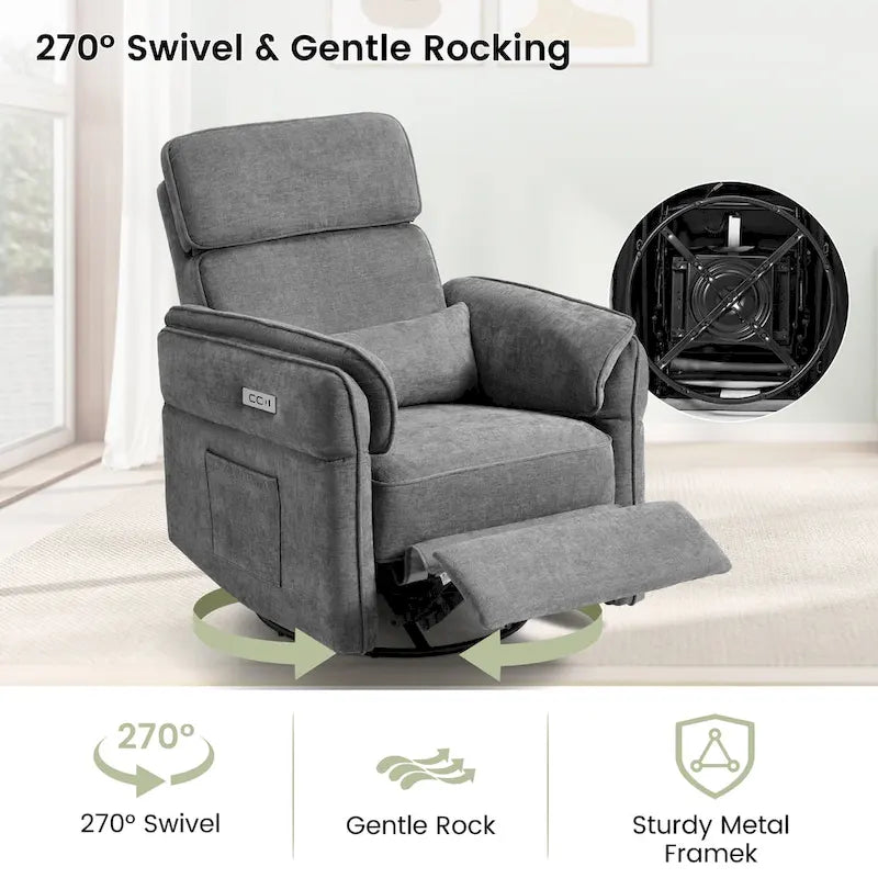 Fauteuil inclinable, pivotant et berçant motorisé avec têtière et accoudoirs ajustables, ports de chargement USB et USB-C
