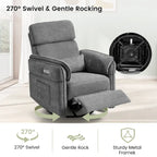 Fauteuil inclinable, pivotant et berçant motorisé avec têtière et accoudoirs ajustables, ports de chargement USB et USB-C