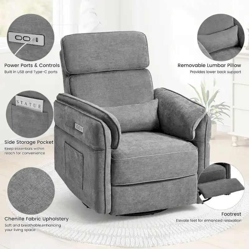 Fauteuil inclinable, pivotant et berçant motorisé avec têtière et accoudoirs ajustables, ports de chargement USB et USB-C