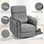 Fauteuil inclinable, pivotant et berçant motorisé avec têtière et accoudoirs ajustables, ports de chargement USB et USB-C
