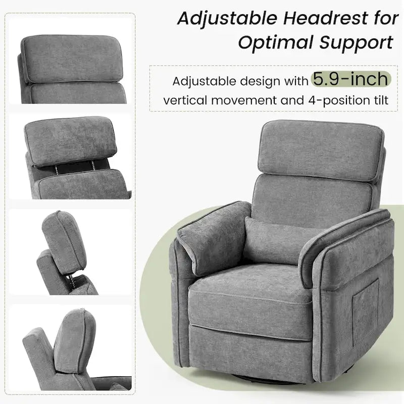 Fauteuil inclinable, pivotant et berçant motorisé avec têtière et accoudoirs ajustables, ports de chargement USB et USB-C