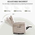Fauteuil inclinable, pivotant et berçant motorisé avec têtière et accoudoirs ajustables, ports de chargement USB et USB-C