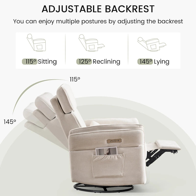 Fauteuil inclinable, pivotant et berçant motorisé avec têtière et accoudoirs ajustables, ports de chargement USB et USB-C