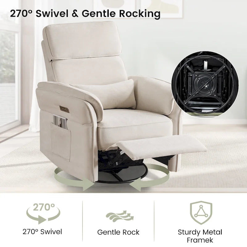 Fauteuil inclinable, pivotant et berçant motorisé avec têtière et accoudoirs ajustables, ports de chargement USB et USB-C