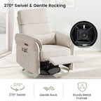 Fauteuil inclinable, pivotant et berçant motorisé avec têtière et accoudoirs ajustables, ports de chargement USB et USB-C