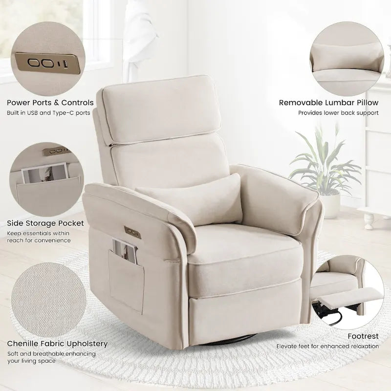 Fauteuil inclinable, pivotant et berçant motorisé avec têtière et accoudoirs ajustables, ports de chargement USB et USB-C