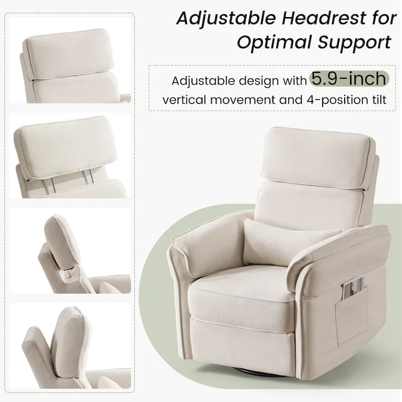 Fauteuil inclinable, pivotant et berçant motorisé avec têtière et accoudoirs ajustables, ports de chargement USB et USB-C