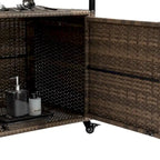 Chariot de bar en osier pour terrasse extérieure avec armoire de rangement et plateau en verre, table de bar à boissons en rotin roulante avec roues à 360° et étagère ouverte