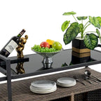 Chariot de bar en osier pour terrasse extérieure avec armoire de rangement et plateau en verre, table de bar à boissons en rotin roulante avec roues à 360° et étagère ouverte