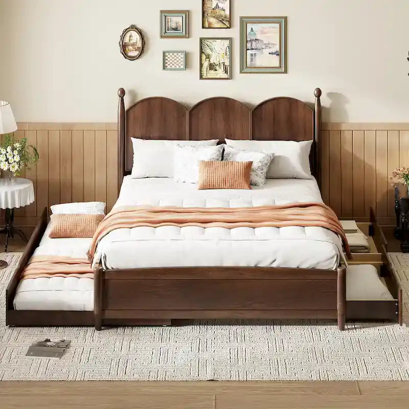 Cadre de lit Queen Size avec lit gigogne Twin XL et 2 grands tiroirs, lit plateforme en bois avec tête de lit et support à lattes