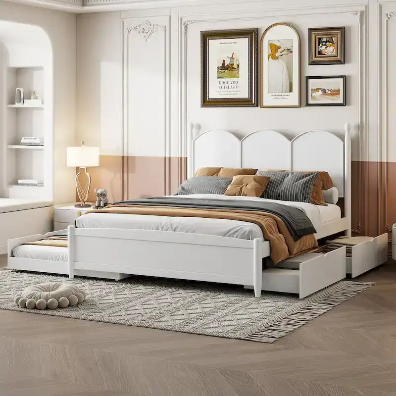Cadre de lit Queen Size avec lit gigogne Twin XL et 2 grands tiroirs, lit plateforme en bois avec tête de lit et support à lattes