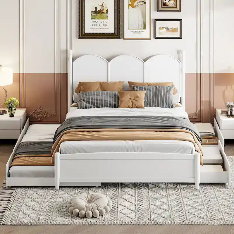 Cadre de lit Queen Size avec lit gigogne Twin XL et 2 grands tiroirs, lit plateforme en bois avec tête de lit et support à lattes