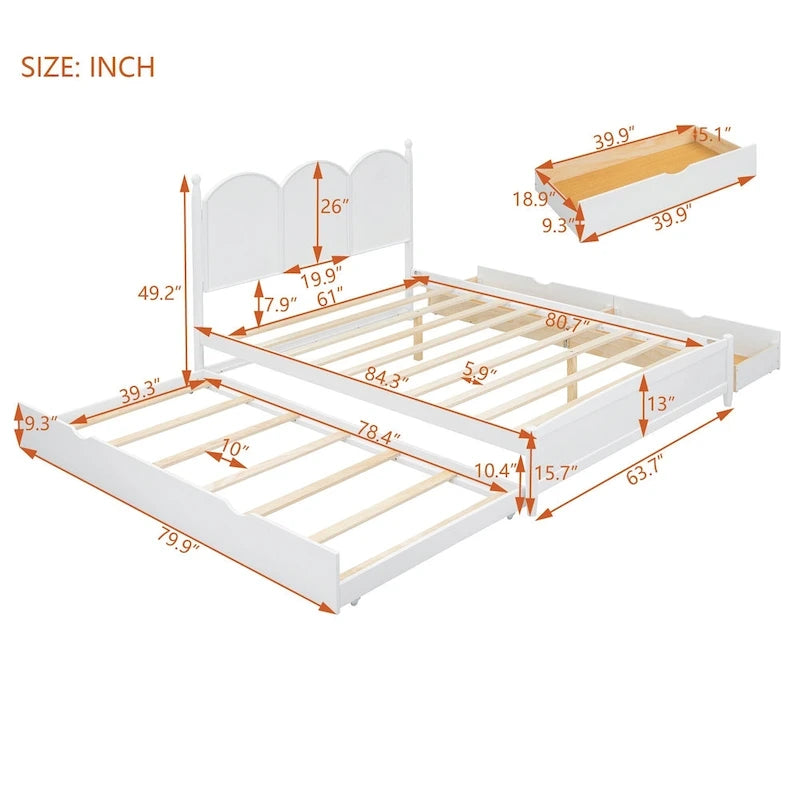 Cadre de lit Queen Size avec lit gigogne Twin XL et 2 grands tiroirs, lit plateforme en bois avec tête de lit et support à lattes