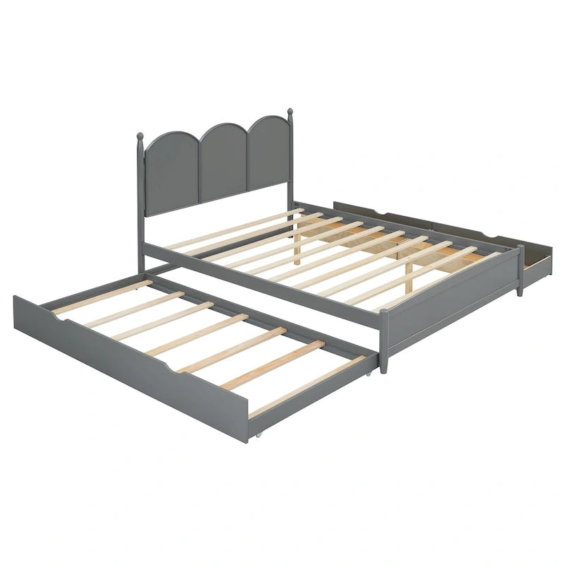 Cadre de lit Queen Size avec lit gigogne Twin XL et 2 grands tiroirs, lit plateforme en bois avec tête de lit et support à lattes