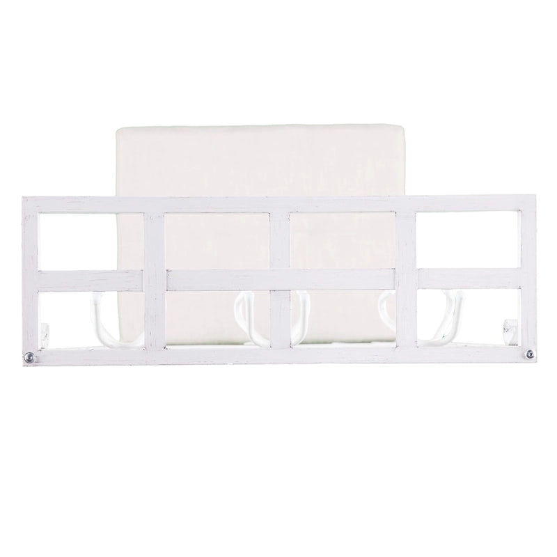 Porte-manteau d'entrée avec banc rembourré, 12 crochets, 2 étagères, fer blanc vieilli