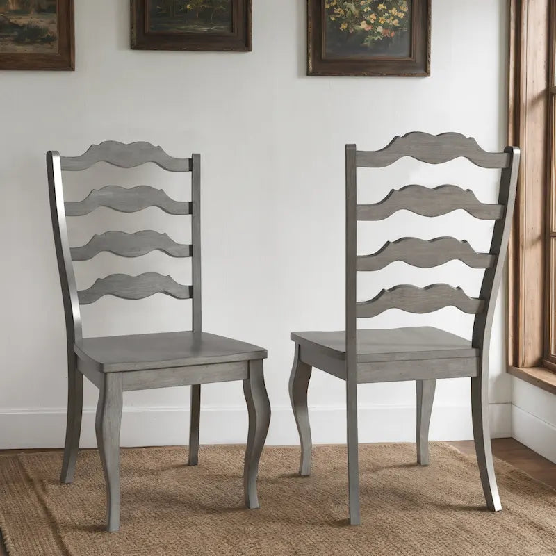Lot de 2 chaises de salle à manger en bois à dossier échelle, style français | Bois d'hévéa | Finition antique | 49,5 cm L