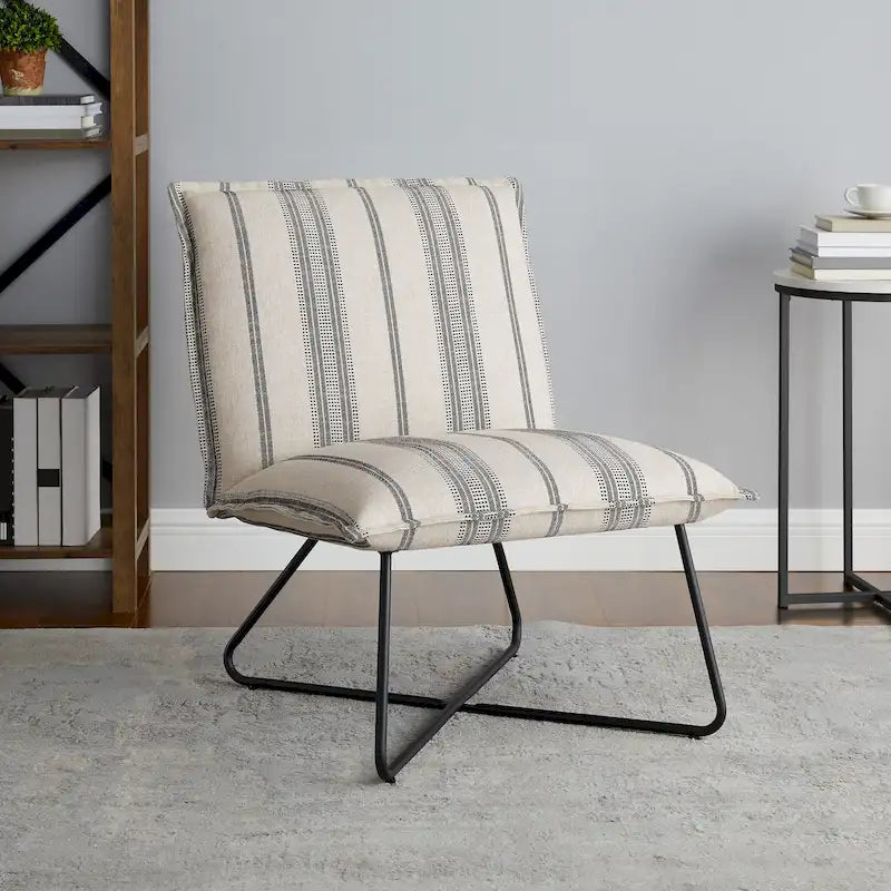 Fauteuil décoratif Pillow | Tissu noir rayé beige | Base en fil métallique | Assise de 67,3 cm de large | Moderne