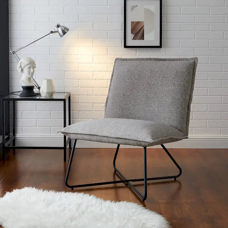 Fauteuil décoratif Pillow | Tissu noir rayé beige | Base en fil métallique | Assise de 67,3 cm de large | Moderne