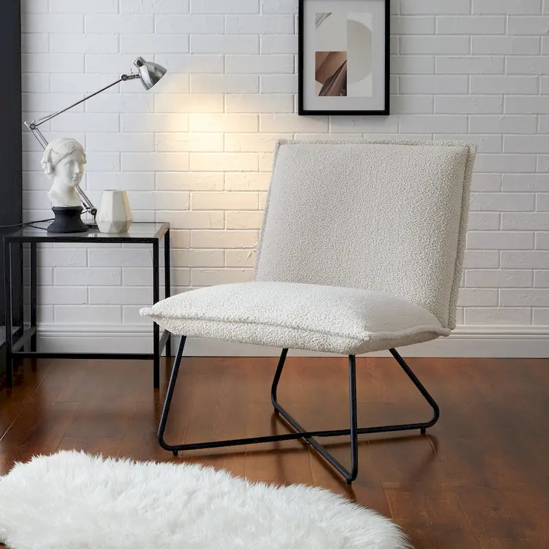 Fauteuil décoratif Pillow | Tissu noir rayé beige | Base en fil métallique | Assise de 67,3 cm de large | Moderne