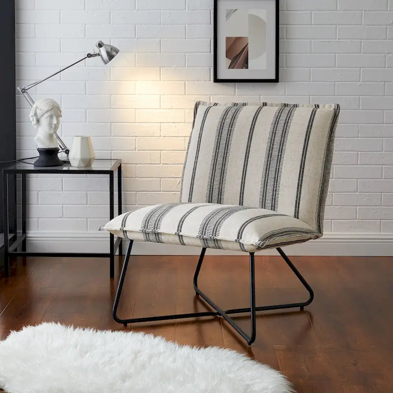 Fauteuil décoratif Pillow | Tissu noir rayé beige | Base en fil métallique | Assise de 67,3 cm de large | Moderne