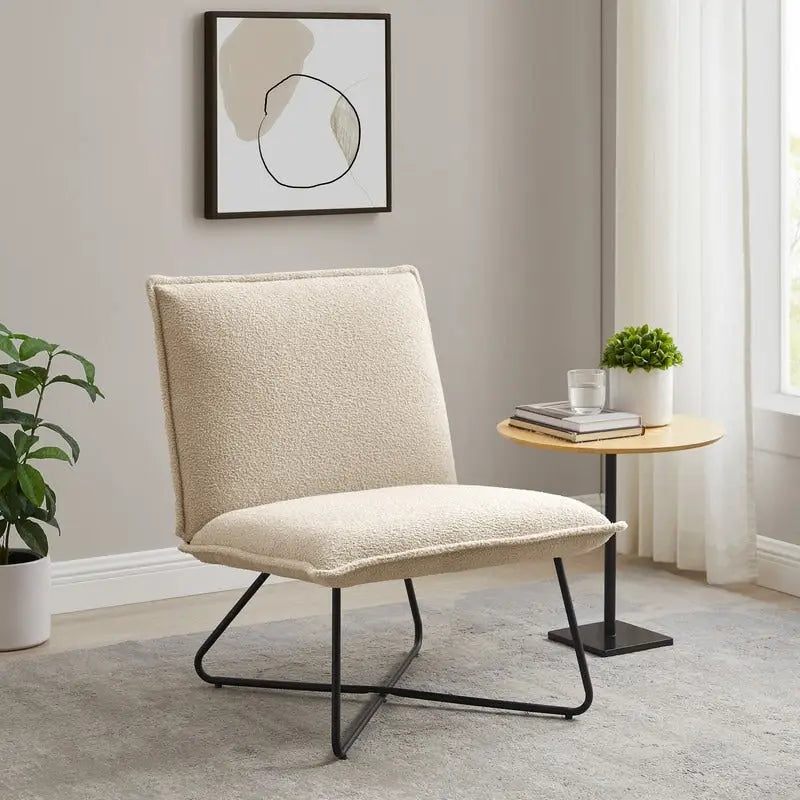 Fauteuil décoratif Pillow | Tissu noir rayé beige | Base en fil métallique | Assise de 67,3 cm de large | Moderne