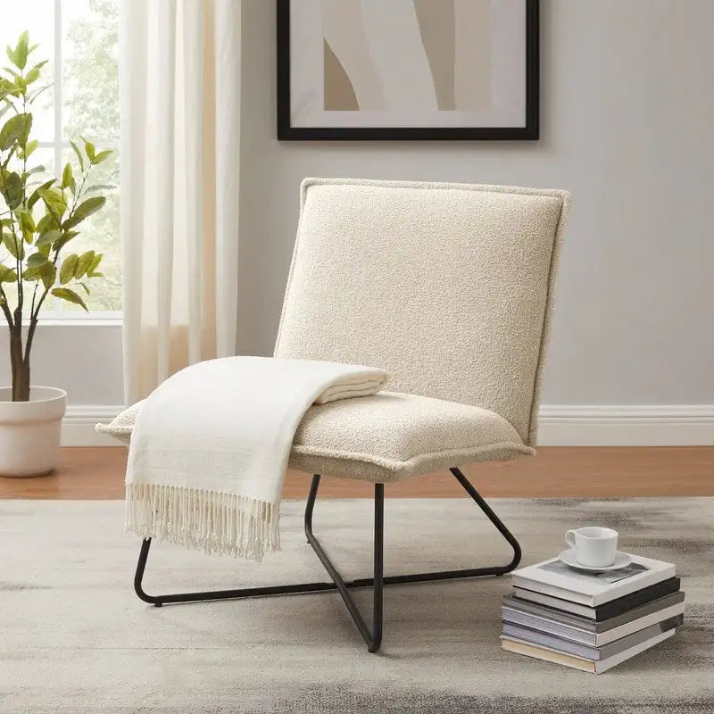 Fauteuil décoratif Pillow | Tissu noir rayé beige | Base en fil métallique | Assise de 67,3 cm de large | Moderne
