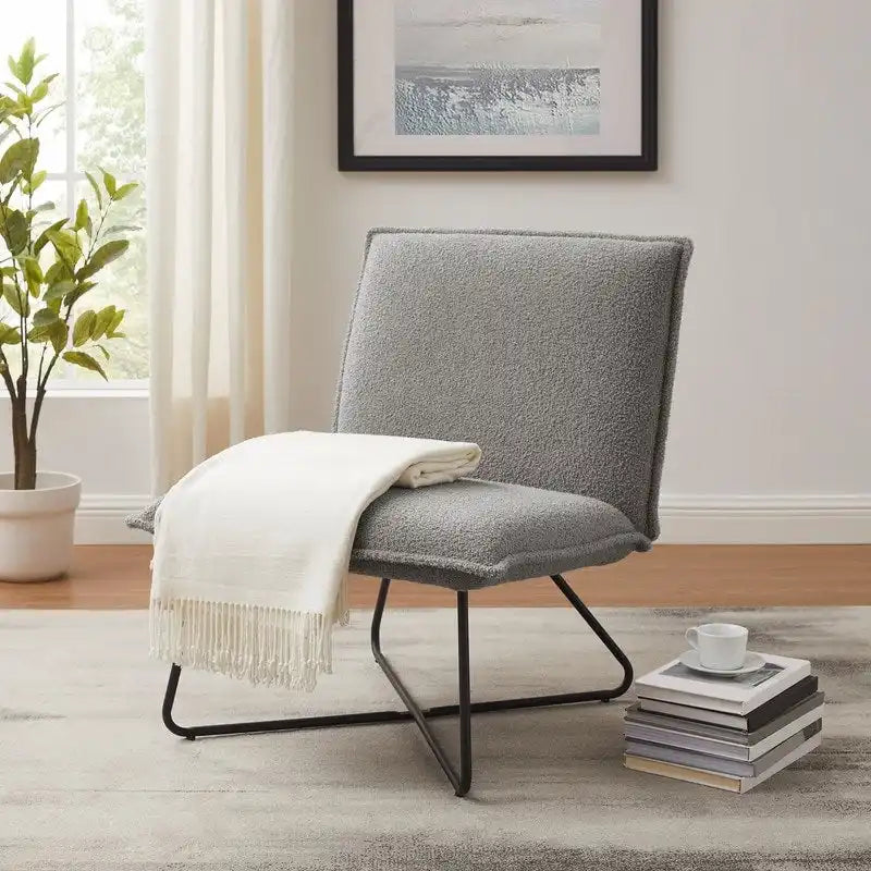 Fauteuil décoratif Pillow | Tissu noir rayé beige | Base en fil métallique | Assise de 67,3 cm de large | Moderne