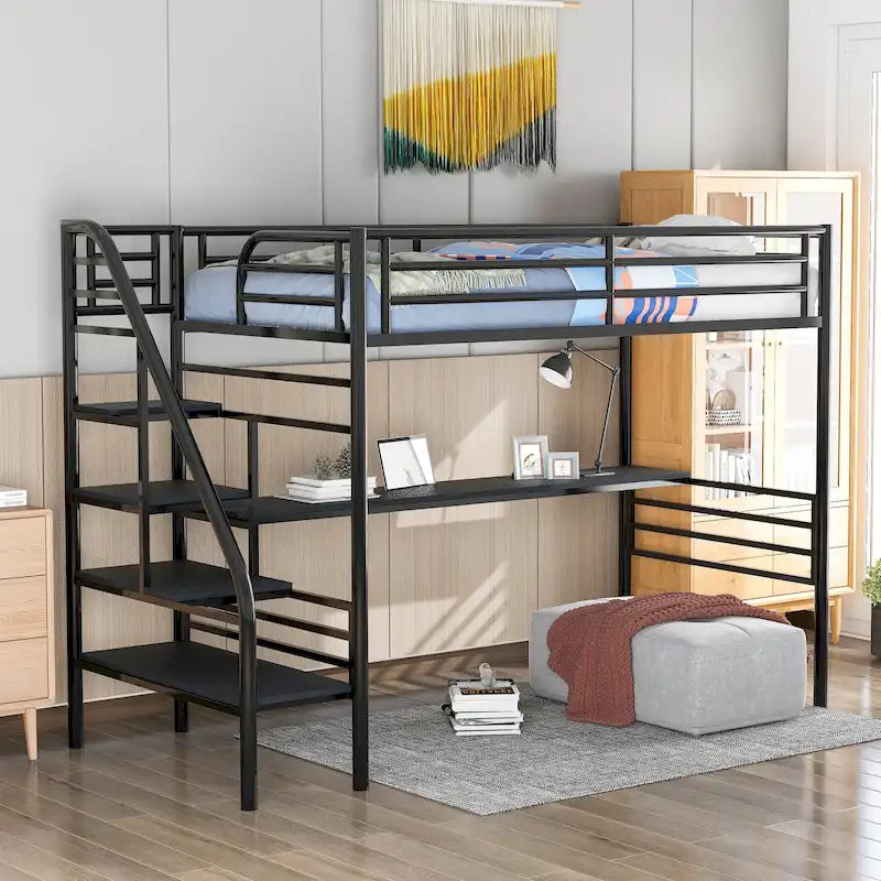 Lit mezzanine double en métal noir avec bureau, aucun sommier tapissier requis