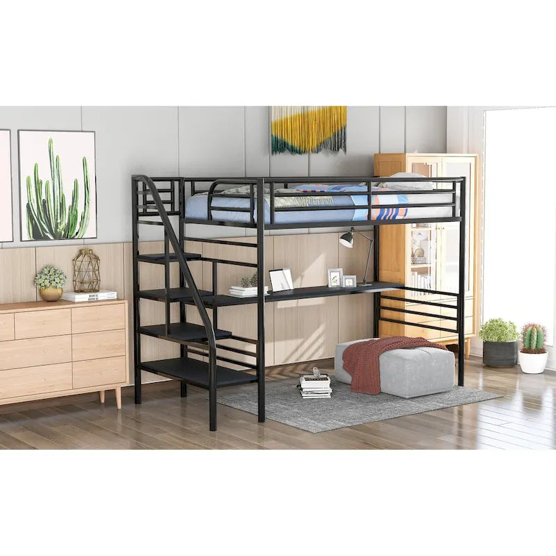 Lit mezzanine double en métal noir avec bureau, aucun sommier tapissier requis