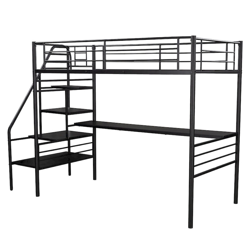 Lit mezzanine double en métal noir avec bureau, aucun sommier tapissier requis