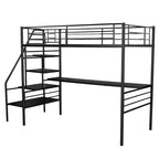 Lit mezzanine double en métal noir avec bureau, aucun sommier tapissier requis