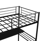 Lit mezzanine double en métal noir avec bureau, aucun sommier tapissier requis