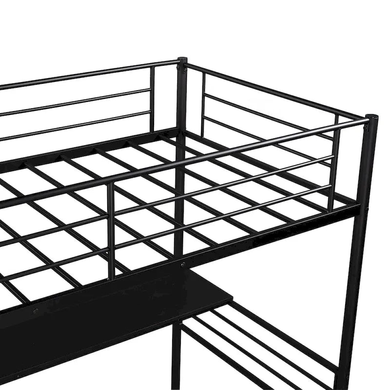 Lit mezzanine double en métal noir avec bureau, aucun sommier tapissier requis
